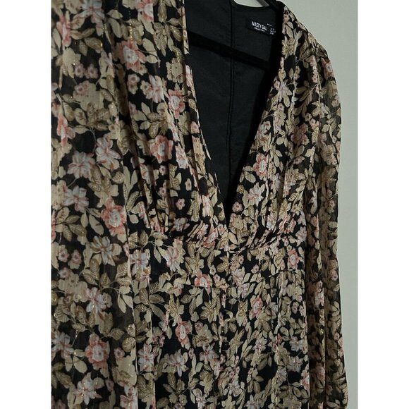 Nasty Gal Floral V Neck Mini Dress Plunge Fitted Long Sleeve Size 8 US Gold - Picture 8 of 13